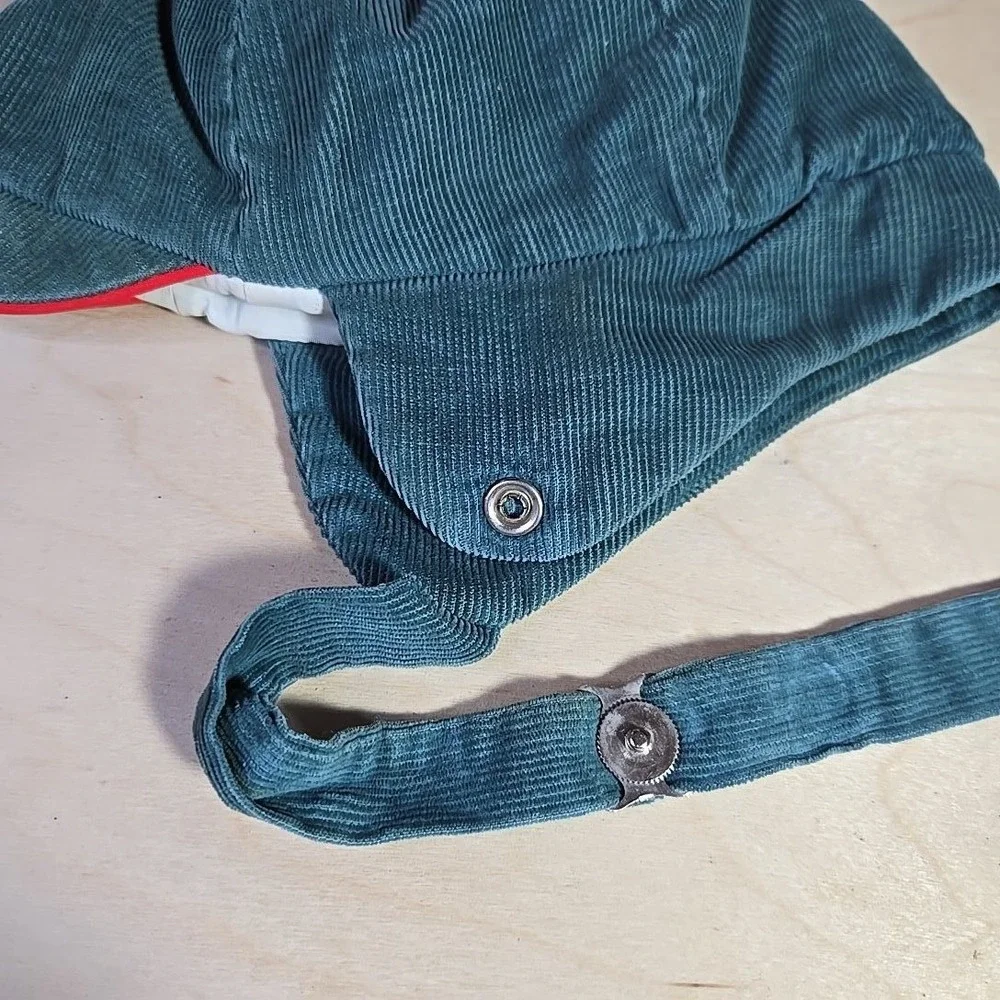 VTG Kids Teal Corduroy Ear Flap Winter Ski Cap Lined Chin Strap Rare Germany 60s
